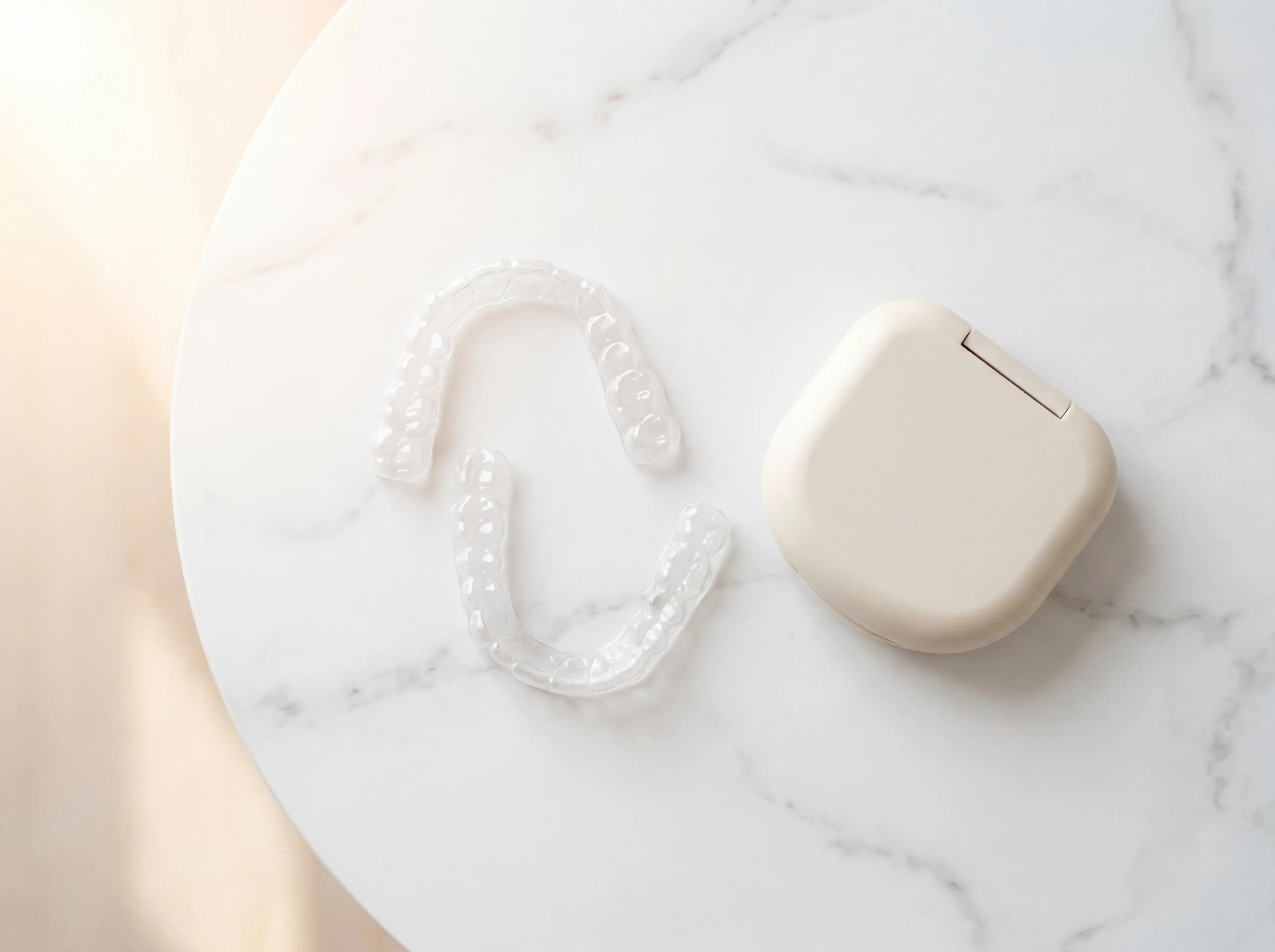 Transparente Invisalign-Schienen auf weißer Oberfläche – Aligner Produktfoto