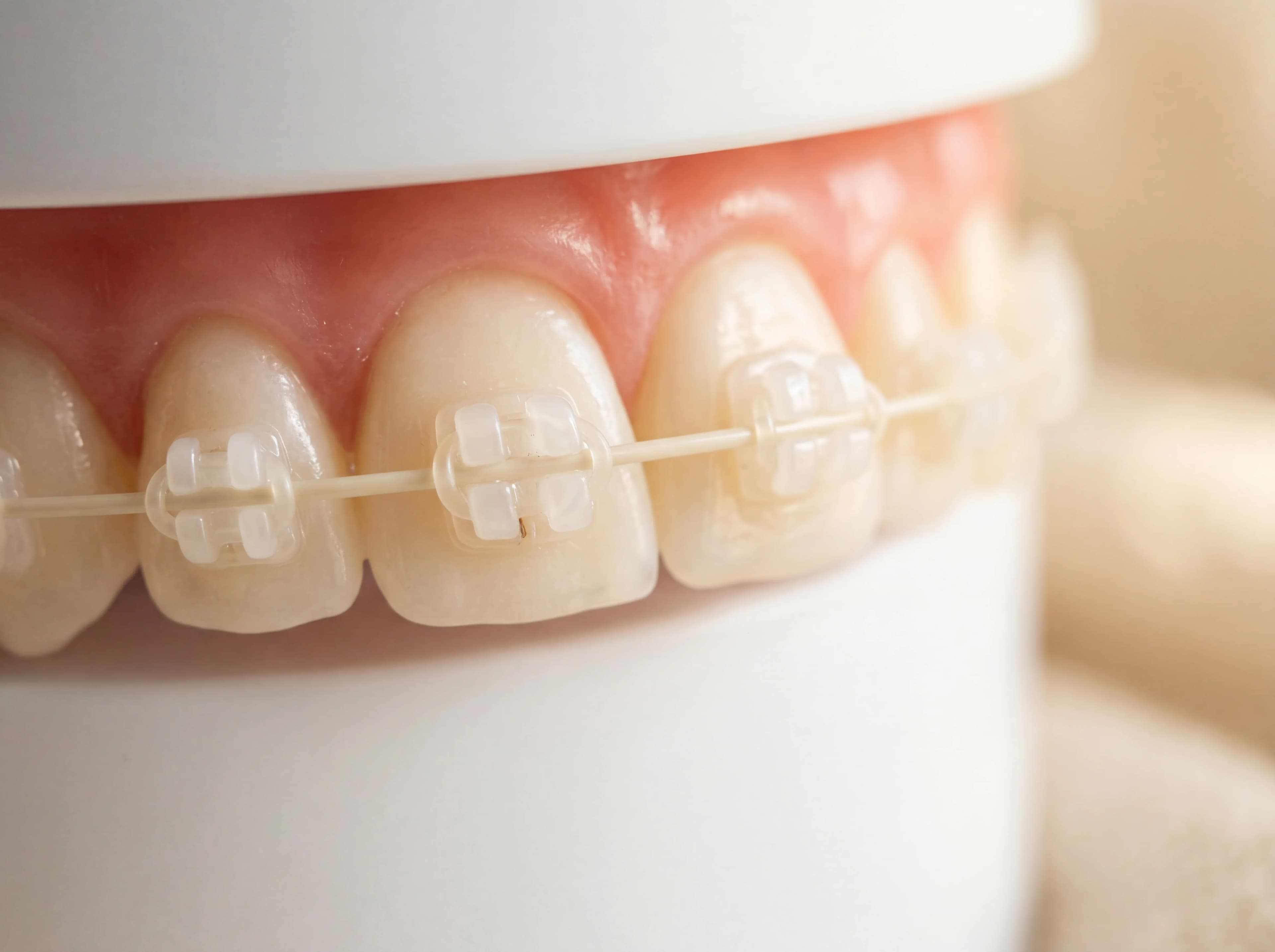 Nahaufnahme moderner Keramik-Brackets für ästhetische Zahnkorrektur