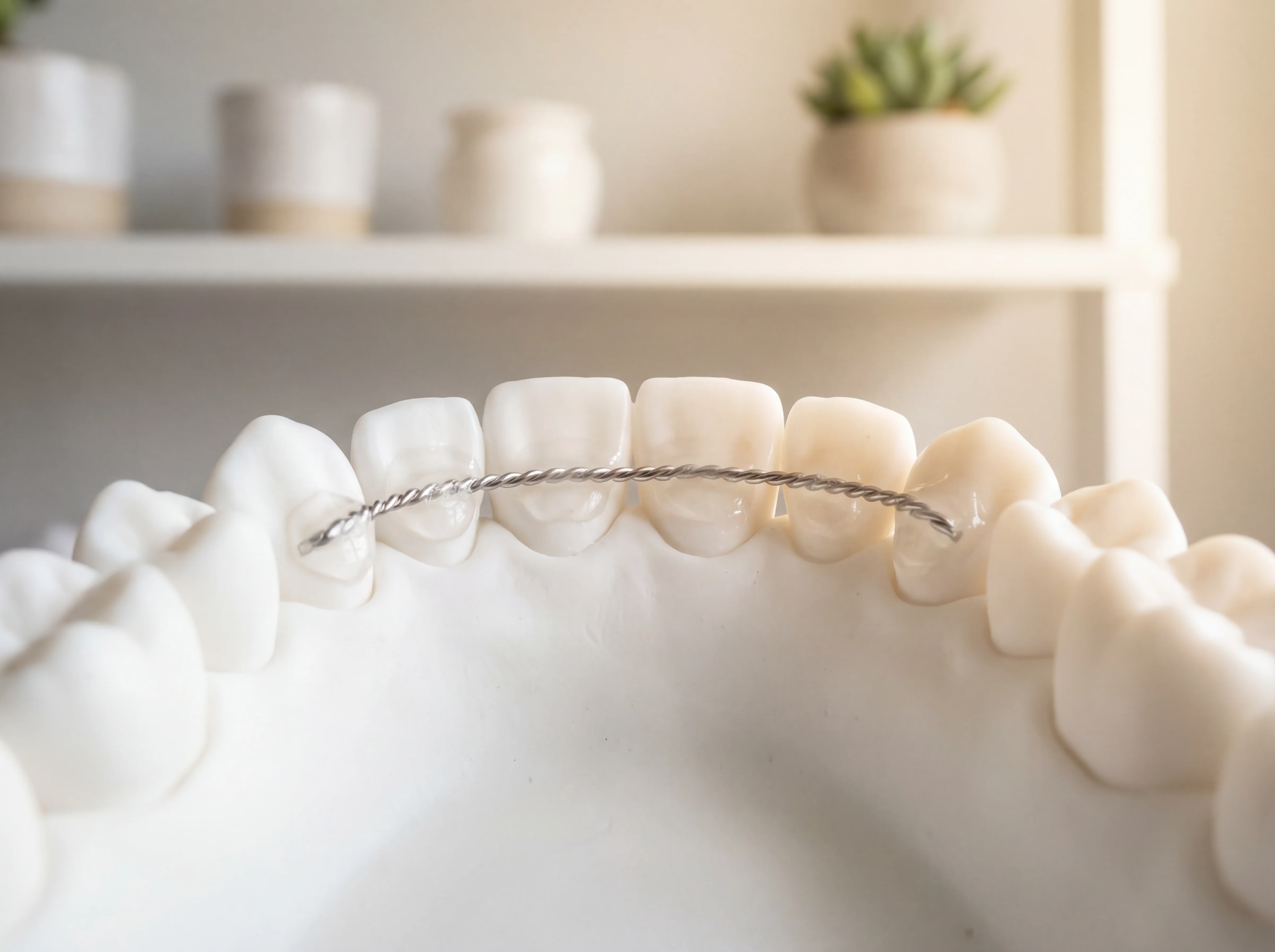 Festsitzender Retainerdraht auf der Zahninnenseite – unsichtbar von außen